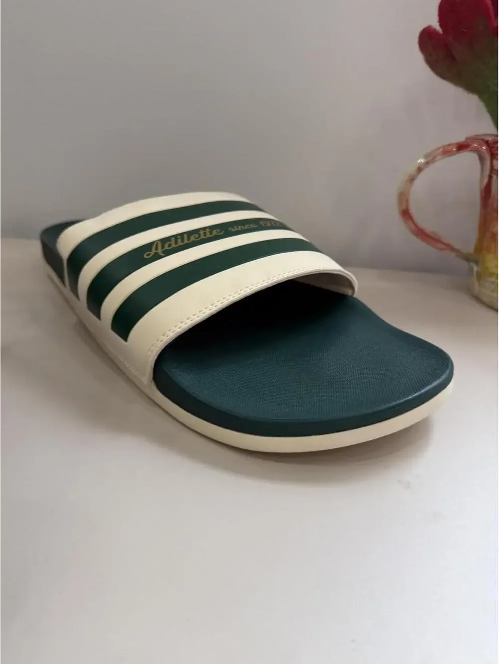 Adilette Slide Sandals with Green and Cream Stripes Men's Size 18